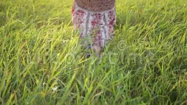 一个年轻的，赤脚的女人，穿着一件花裙子，穿过一片绿草如茵，高<strong>大</strong>的<strong>草地</strong>。 慢动作